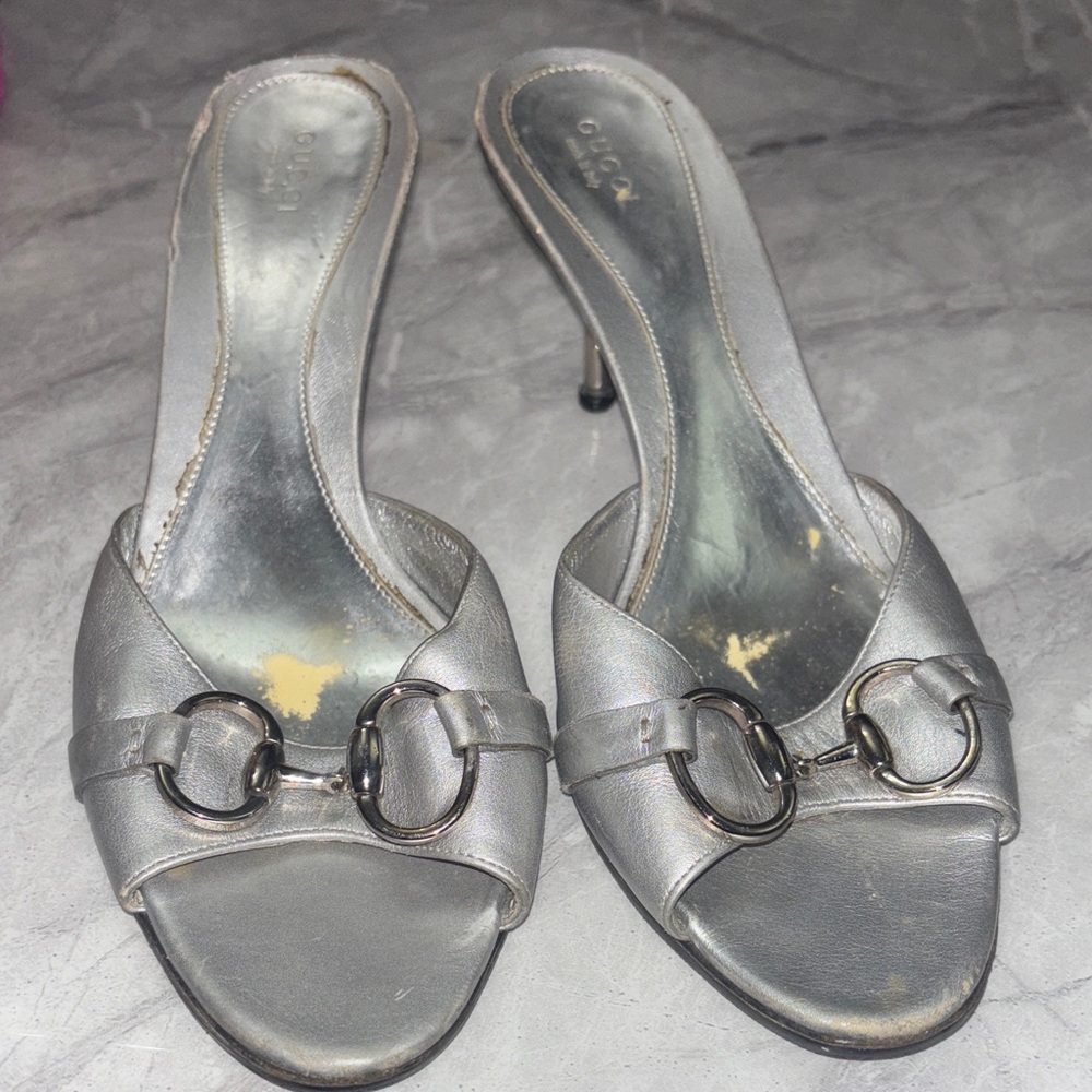 Gucci Silver Women's Heels with Buckle Detail